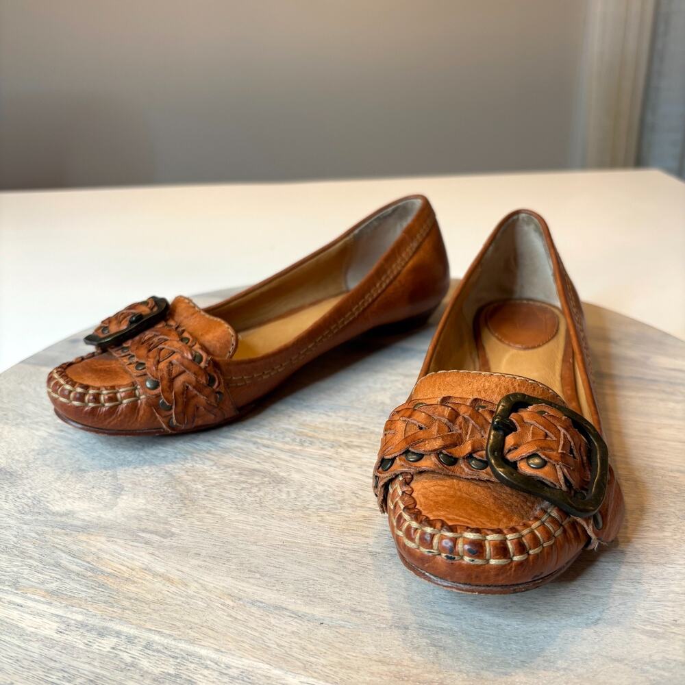 Frye Ruby Woven Moc Cognac Leather Flats Women’s Size 6M Buckle Detail